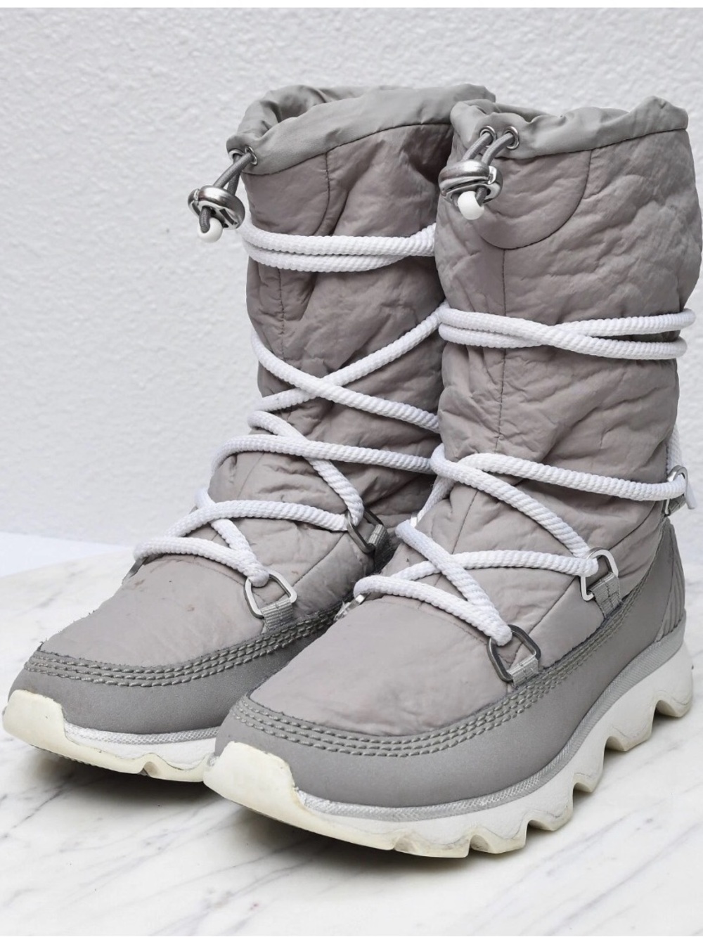 Sorel Light Gray Quilted Winter Boots with White Laces
